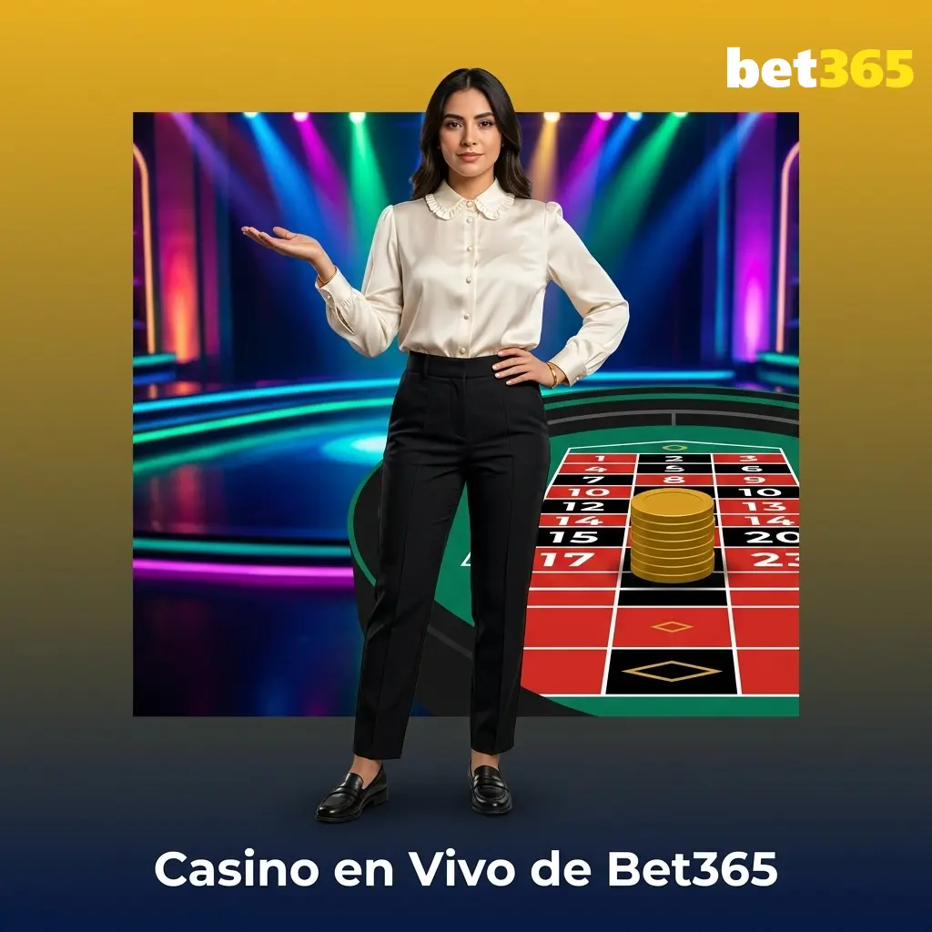 Mesa de casino en vivo Bet365 con croupier profesional transmitiendo ruleta, blackjack y bacará en tiempo real