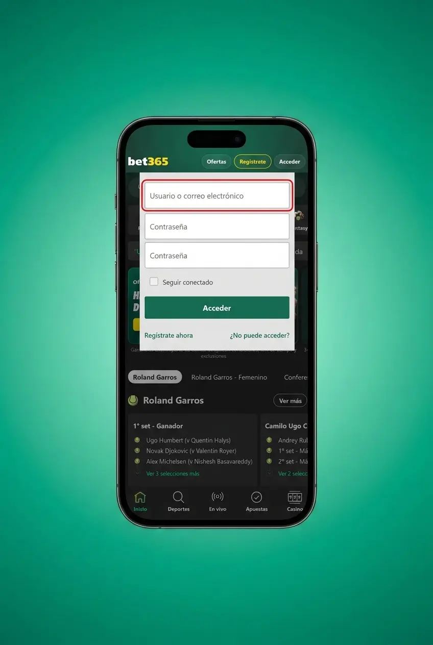 Pantalla de inicio de sesión en la app móvil de Bet365 con opciones de huella dactilar y Face ID en iOS y Android