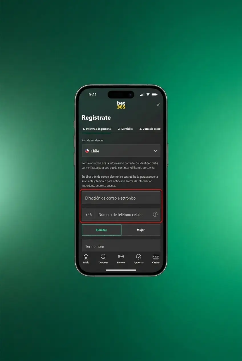 Pantalla de registro en la app Bet365 con formulario de datos personales para usuarios en Chile