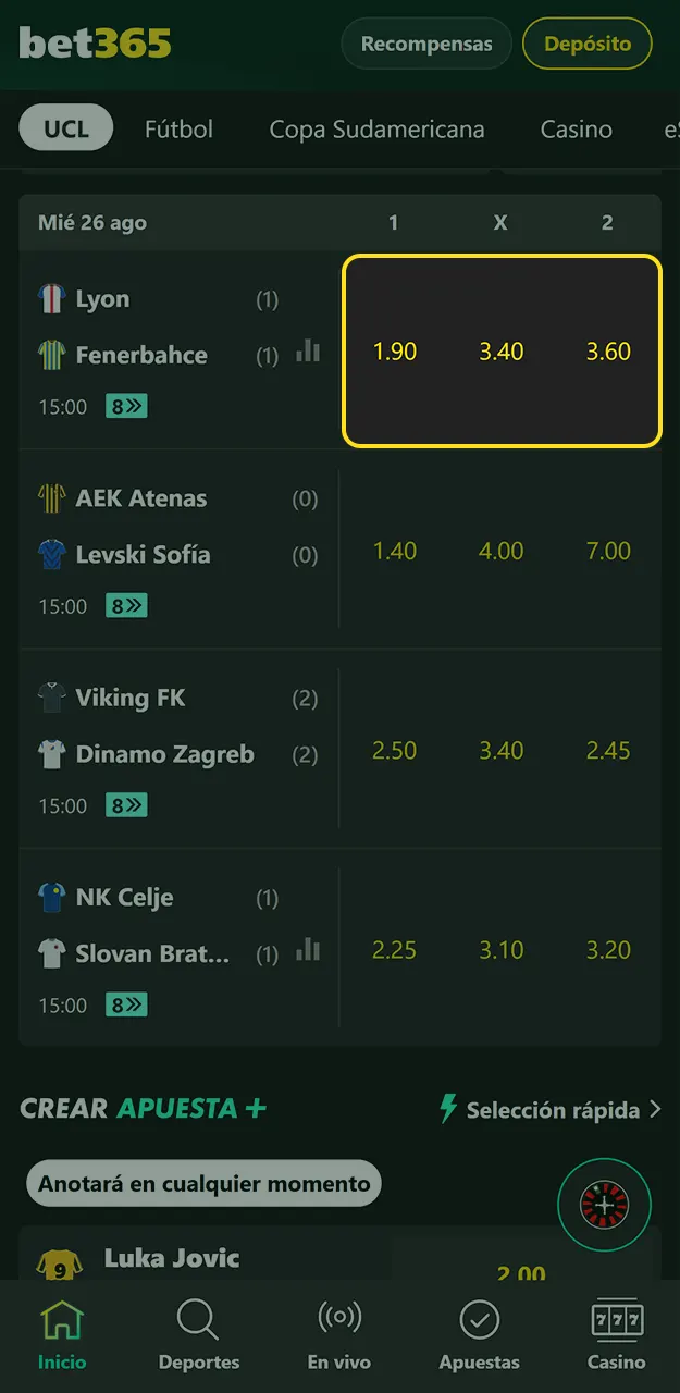 Elija su pronóstico y añade la selección al boleto de apuestas en Bet365.