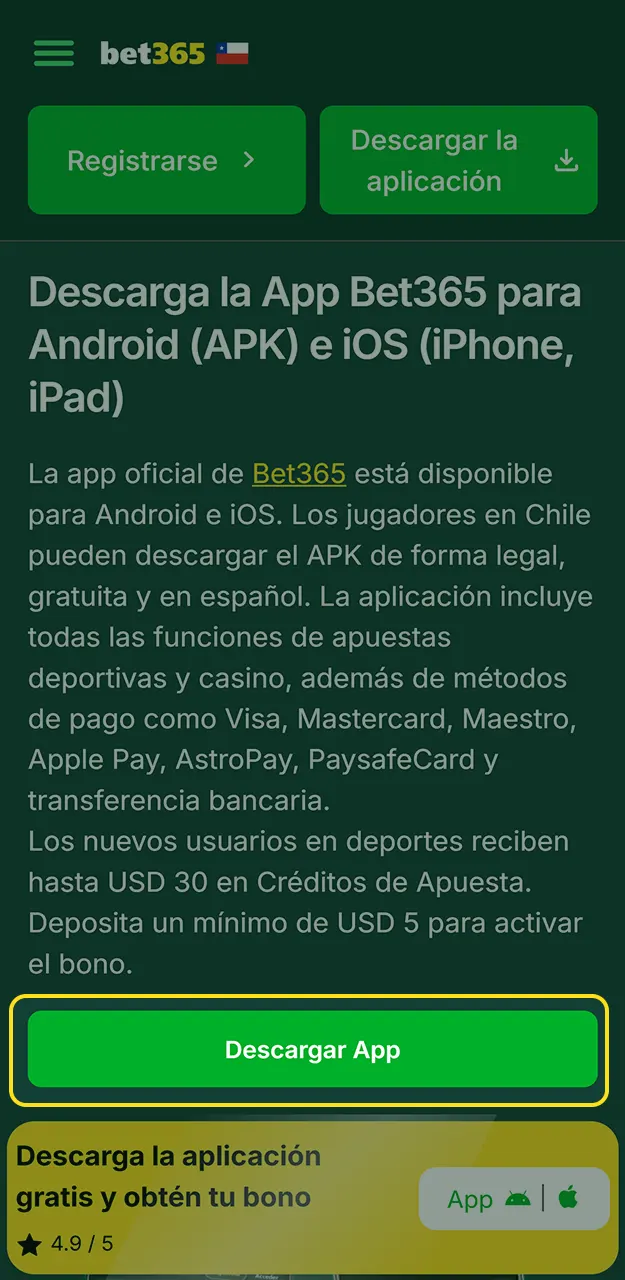 Descarga e inicia sesión en la aplicación de Bet365.