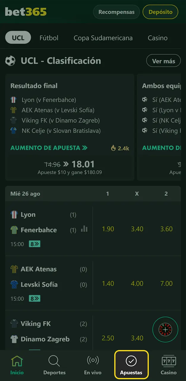 Siga el evento en vivo, espera el resultado y gestiona tus ganancias en Bet365.