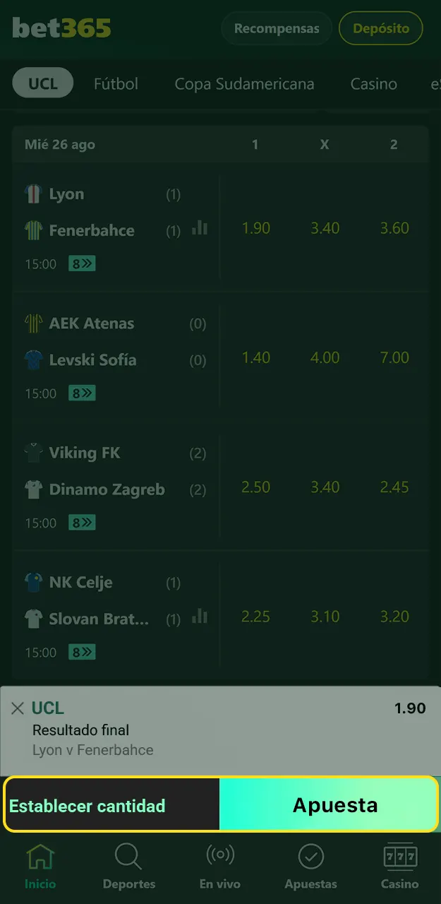Introduce el importe y haz tu apuesta en Bet365.
