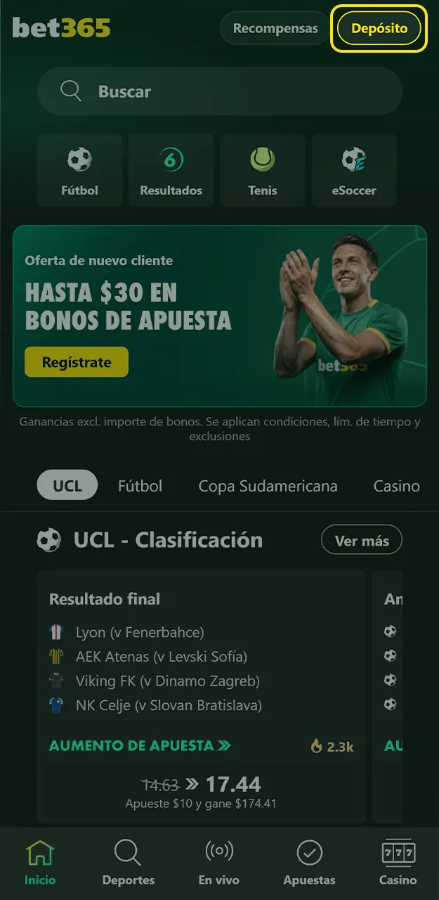 Realiza un depósito antes de realizar tu primera apuesta en Bet365.