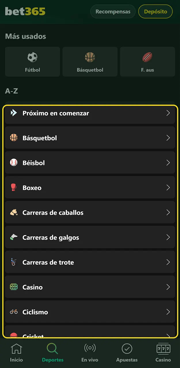 Navegue por el menú y selecciona el deporte o evento en Bet365.