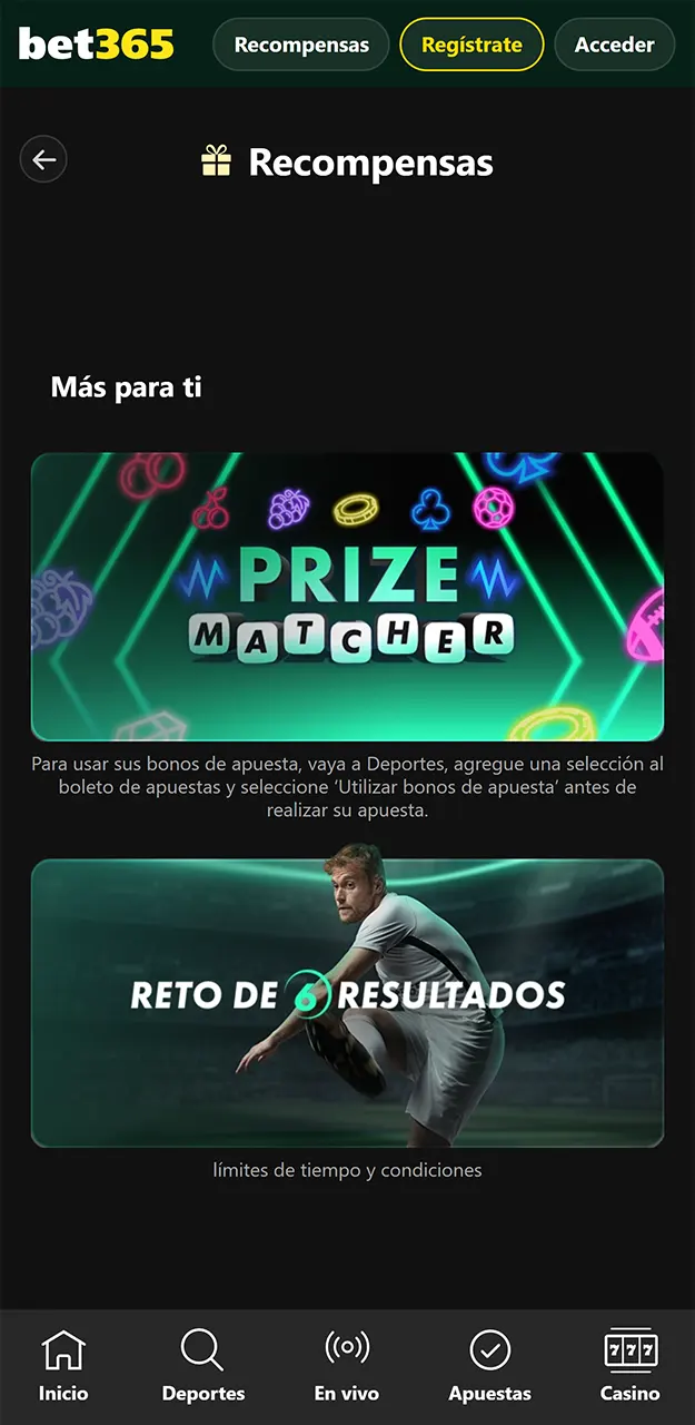Activa las bonificaciones en la aplicación de Bet365.
