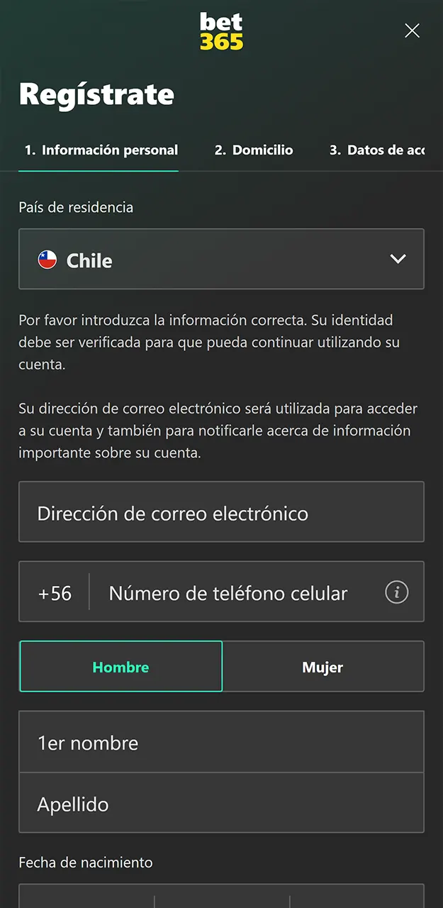 Regístrate rápidamente en Bet365.