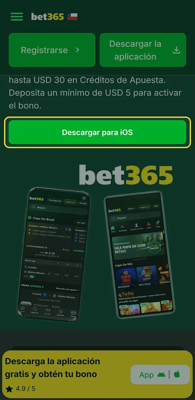 Empieza a descargar la aplicación de Bet365 para iOS.
