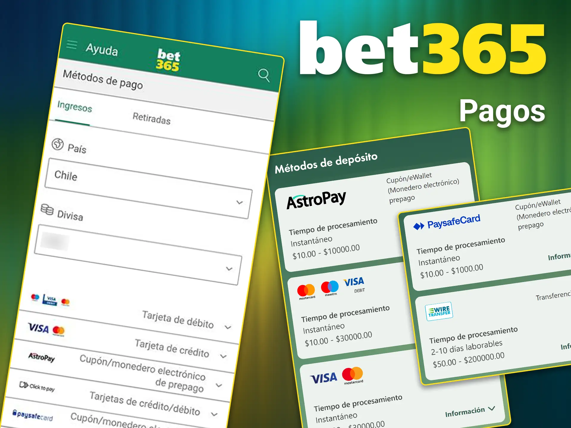 Utilice métodos de depósito locales para los pagos en la app de Bet365 para usuarios de Chile.