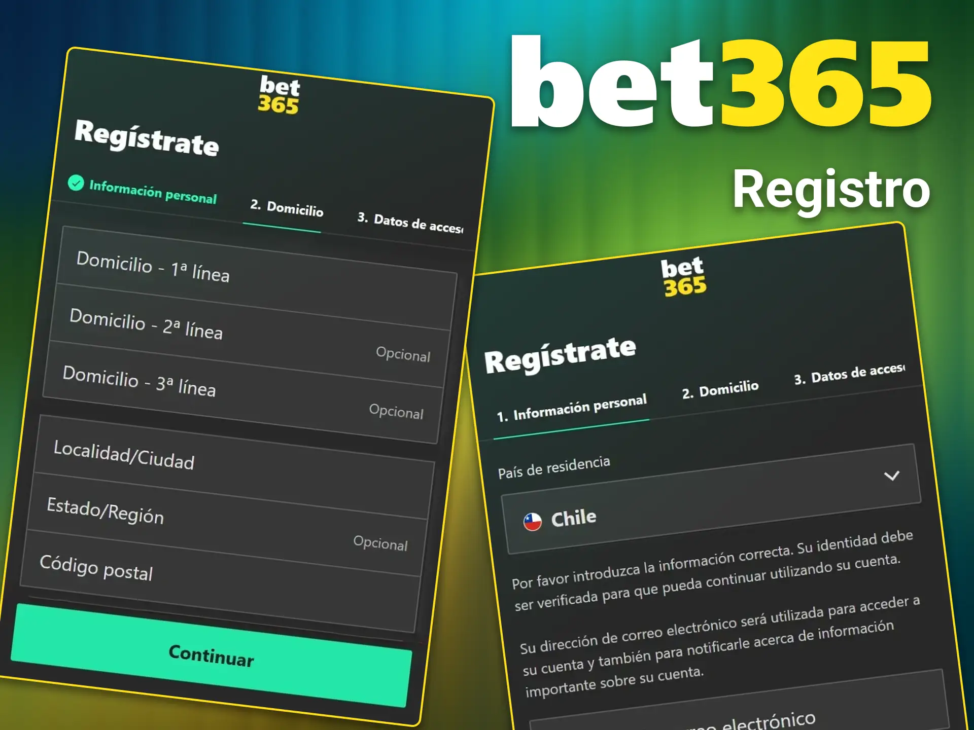 Cree un nuevo perfil de usuario mediante el registro en la aplicación de Bet365.