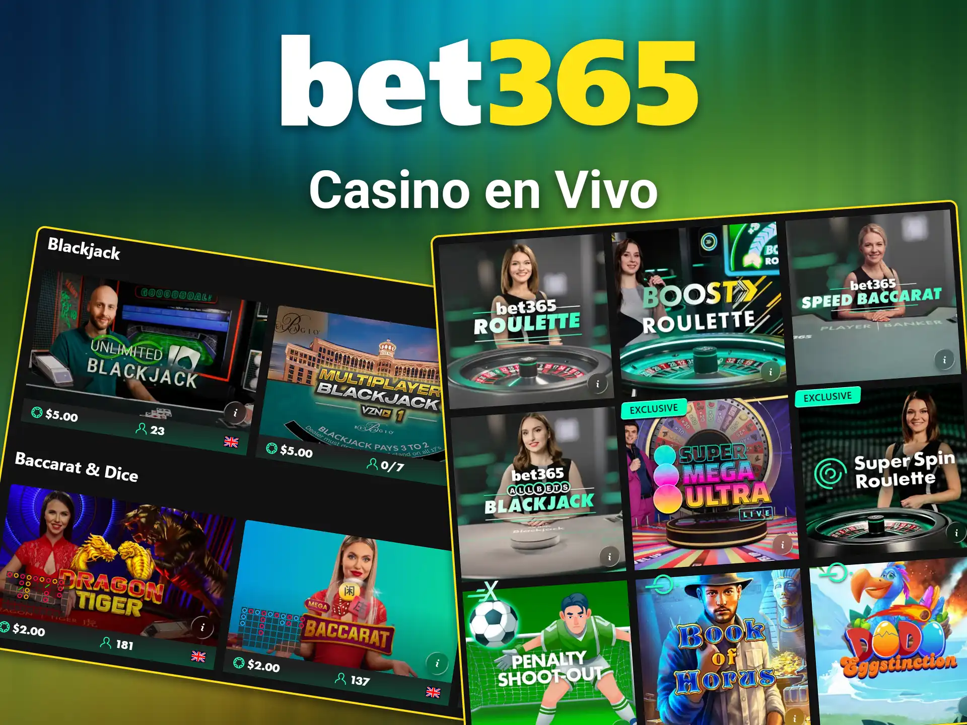Participe en mesas con crupieres reales en el casino en vivo de Bet365.