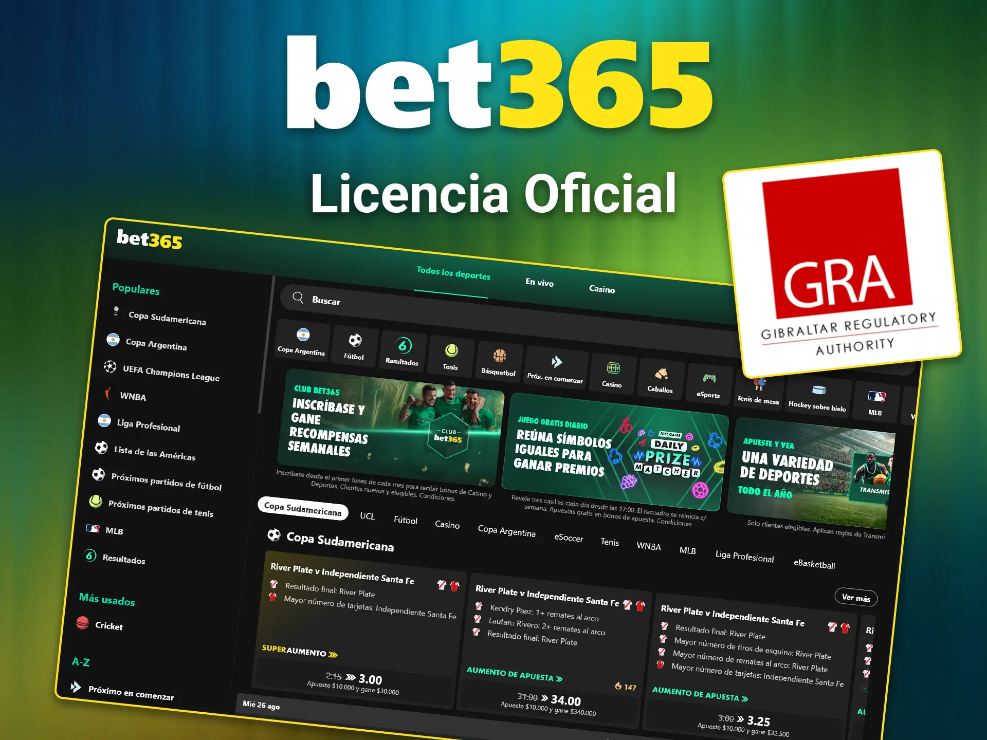 Verifique la información regulatoria y la licencia oficial de Bet365.